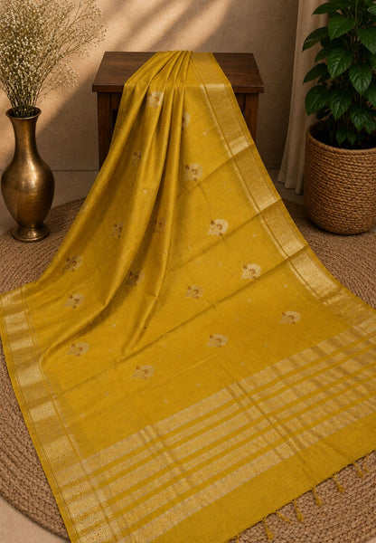 Semi Tussar Saree-Mehandi Green with Floral Zari Motif