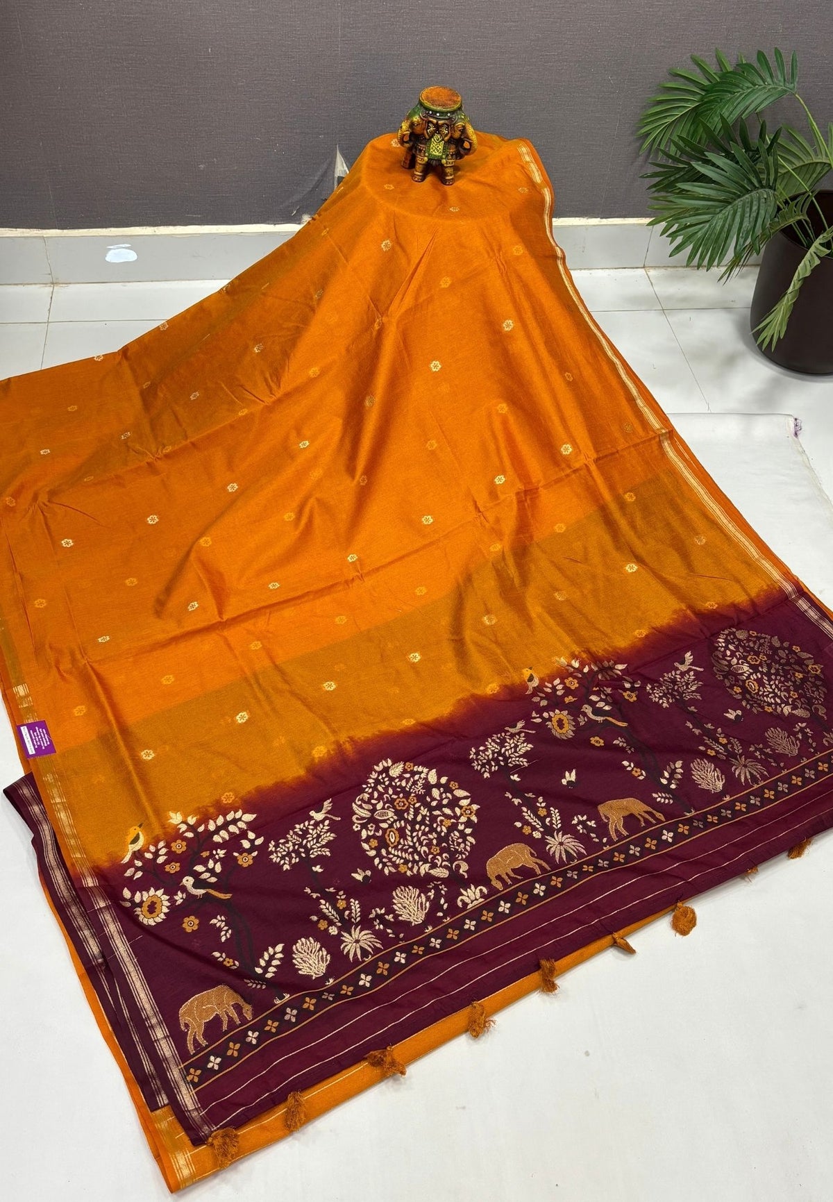 Gaji Silk Saree-Mustard In Warli Tree & Elephant With Contrast Border