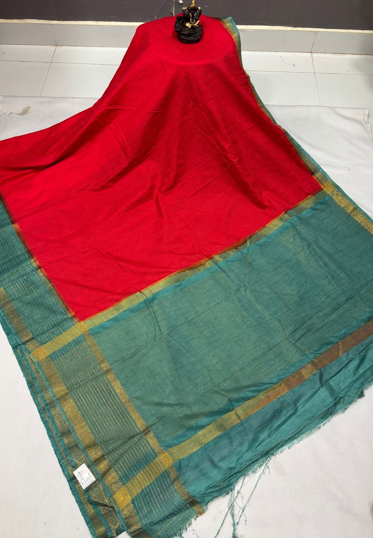 Raw Silk Saree-Red With Contrast Border