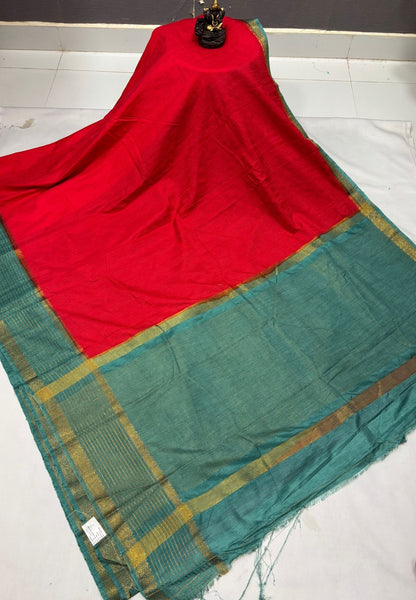 Raw Silk Saree-Red With Contrast Border