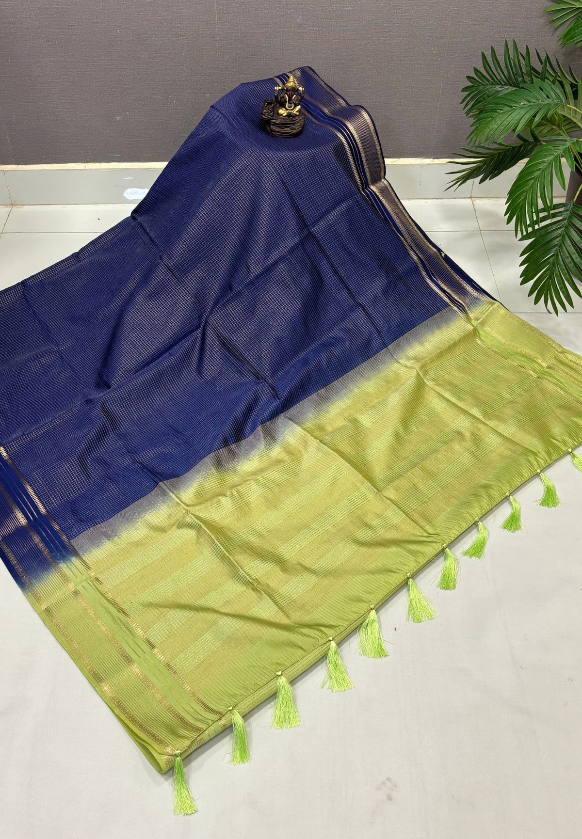 Mulberry Silk Saree-Navy Blue In Striped Zari With Contrast Border