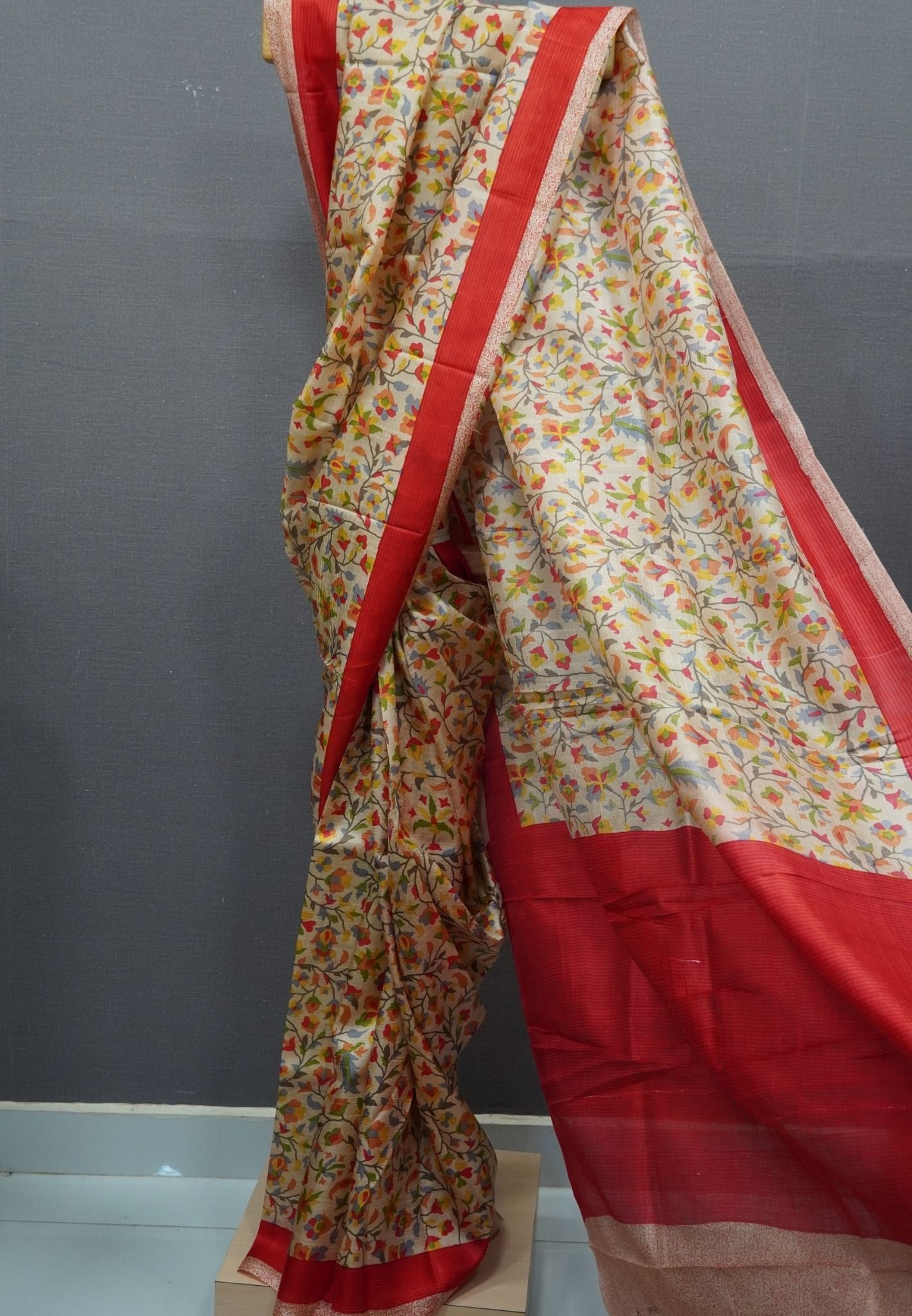 Pure Tussar Saree-Beige with Contrast Border