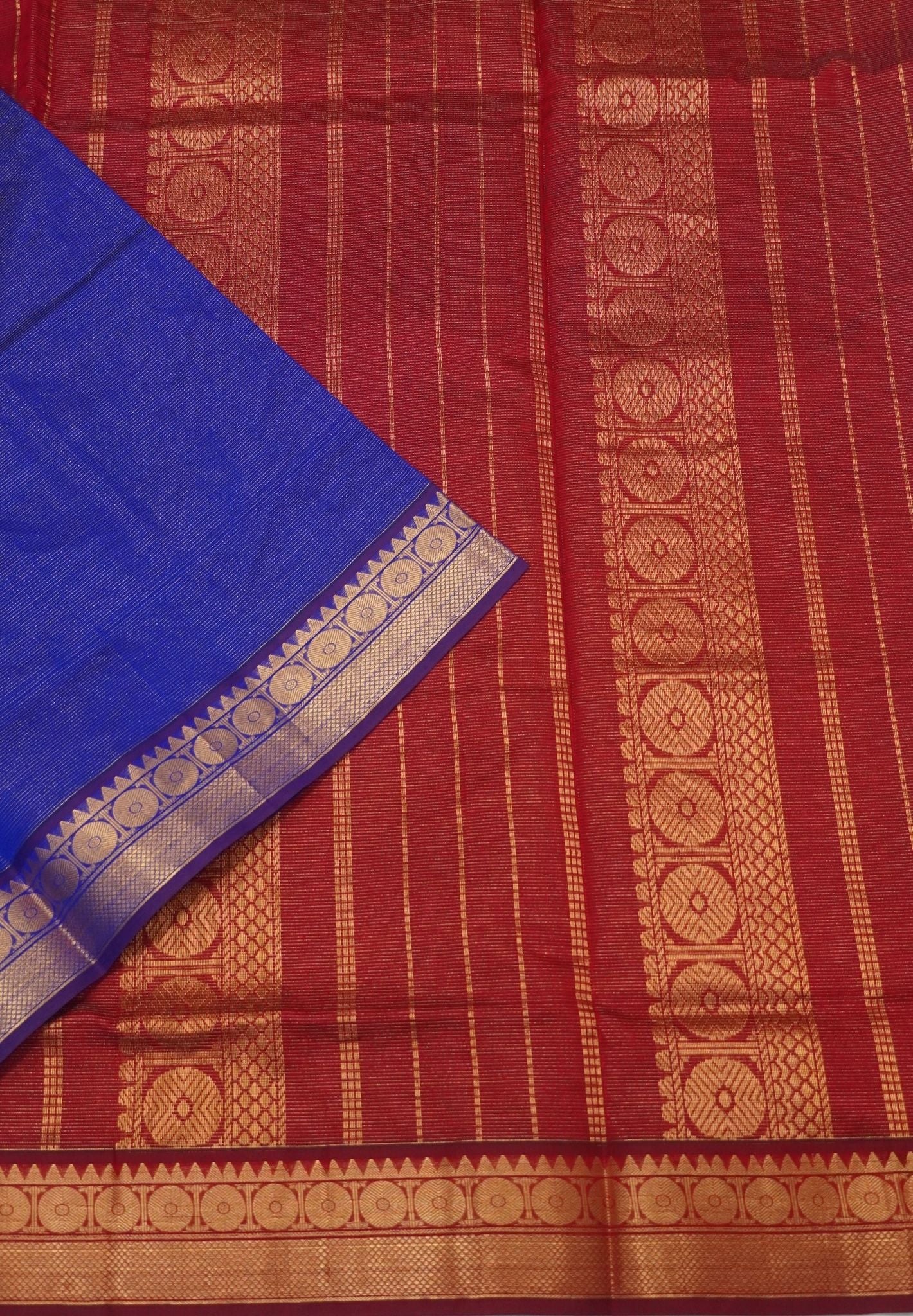 Pure Silk Cotton Saree-MS Blue-Maroon Zari Emboss With Contrast Border