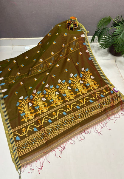 Handloom Cotton Saree-Manthulir Green In Lotus Floral Border