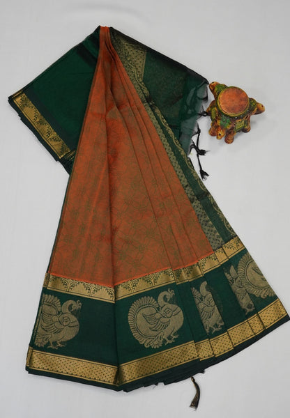 Pure Silk Cotton Saree-Burnt orange with Green in Heritage Annapakshi Border