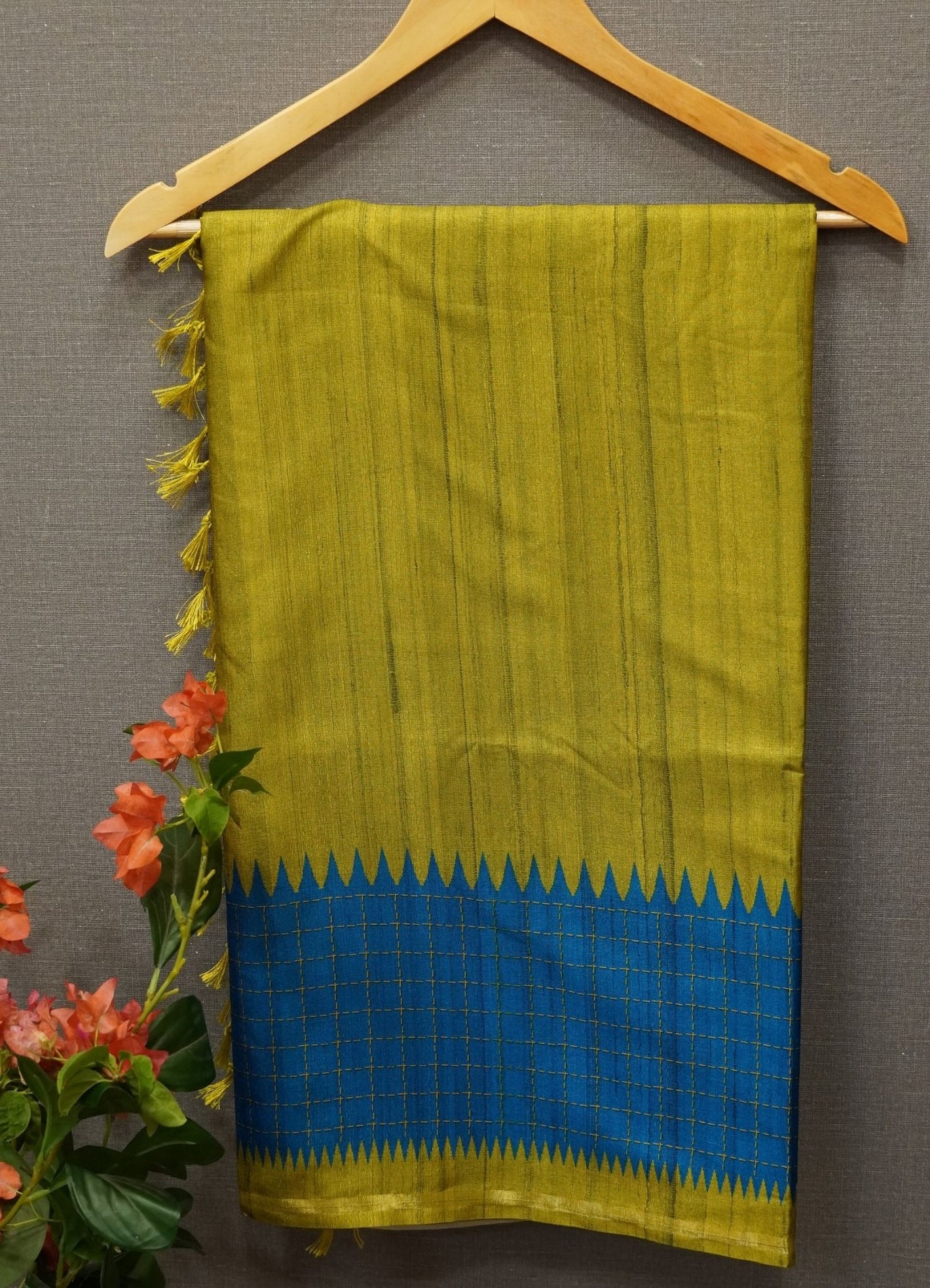 Semi Tussar Saree – Olive Green & Ramer Blue Checks Design