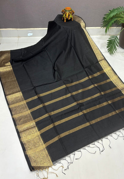 Handloom Silk Cotton Saree-Black In Manga Brocade Zari Border