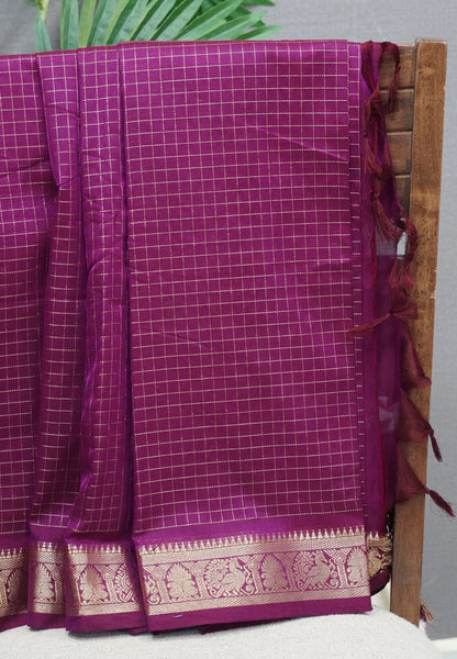 Chettinadu Cotton Saree-Wine with Zari Checks