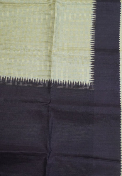 Semi Matka Tussar Saree-Off White with Contrast Border and Zari Checks