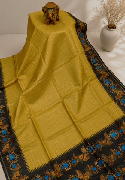 Premium Matka Tussar Saree-Lime Green with Contrast Border in Tanjore Print