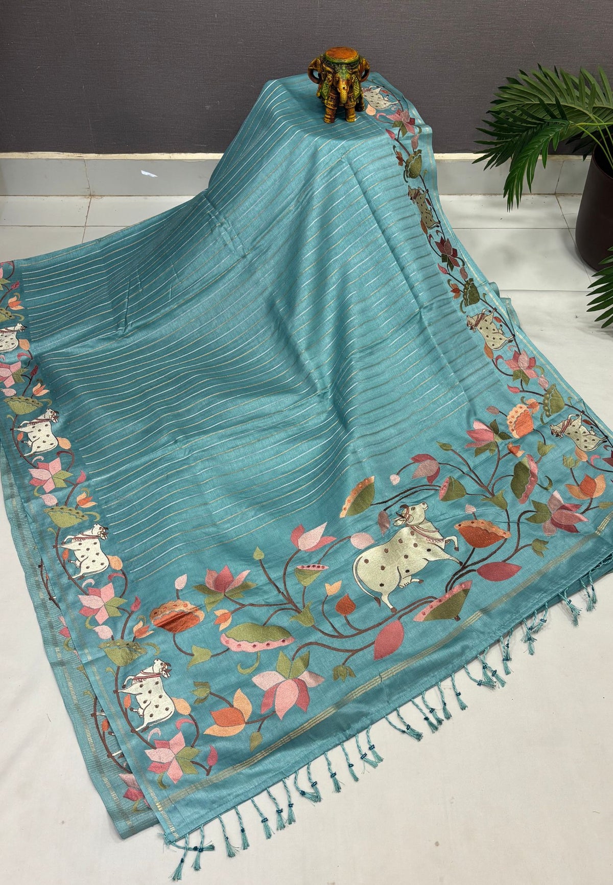Tussar Saree-Sea Blue with Zari Stripes in Pichwai Embroidery Border