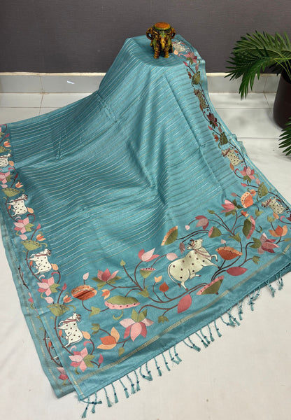 Tussar Saree-Sea Blue with Zari Stripes in Pichwai Embroidery Border