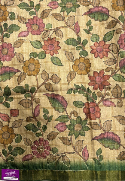 Semi Tussar Saree-Green In Floral Kalamkari with Hanging Motif Border