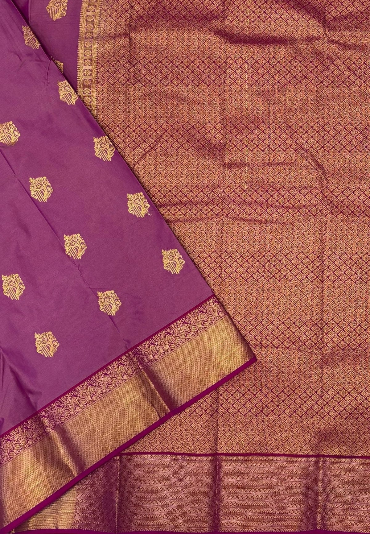 Budget Kanchipuram Saree-Purple in Floral Zari Buttas