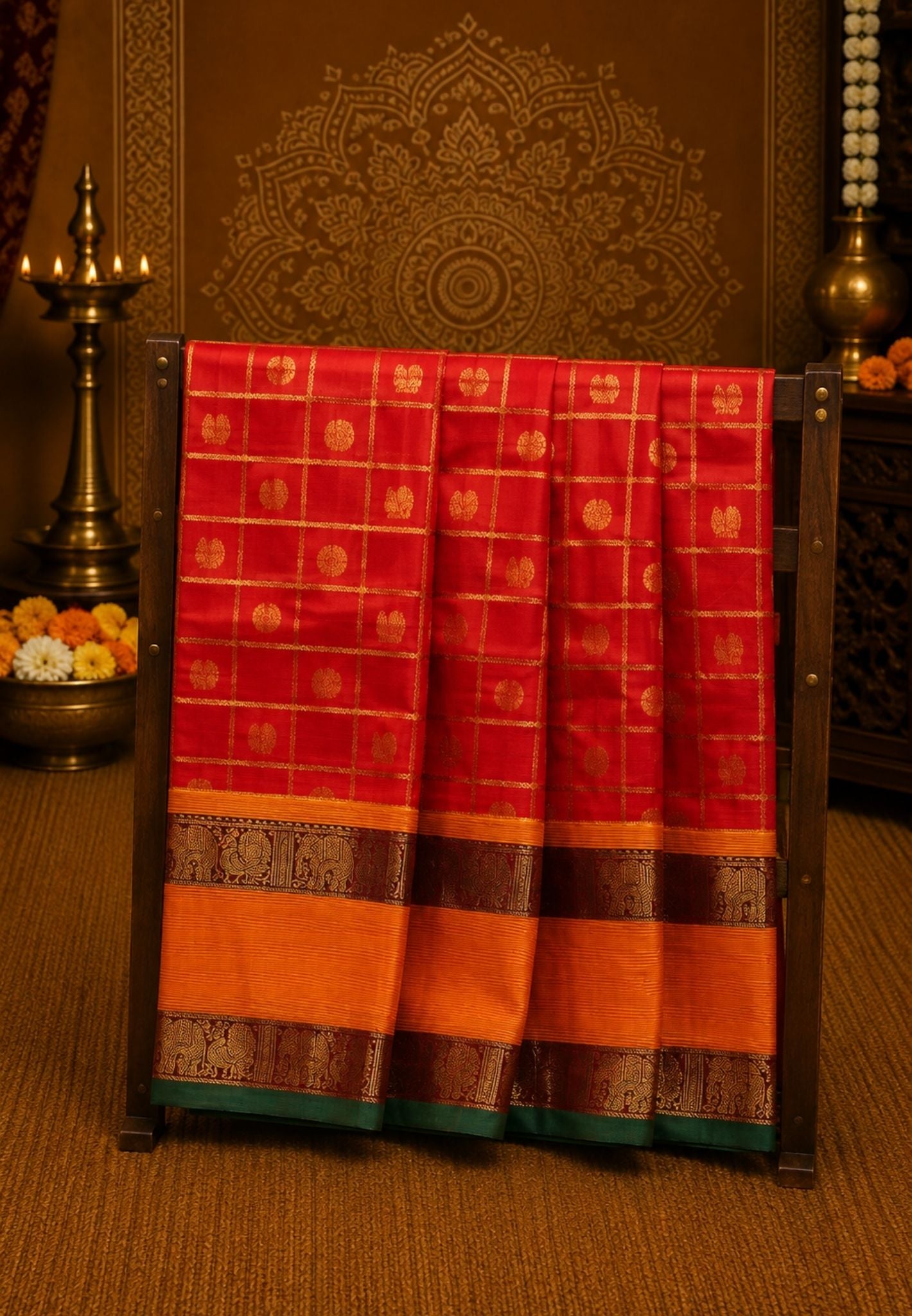 Chettinad Cotton Saree-Red in Mayil Chakram Zari Checks with Retapett Border