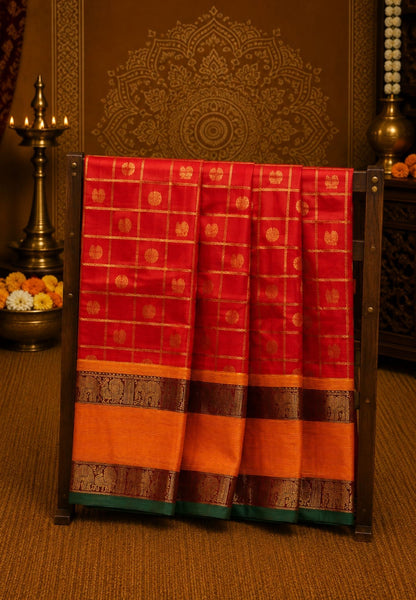 Chettinad Cotton Saree-Red in Mayil Chakram Zari Checks with Retapett Border