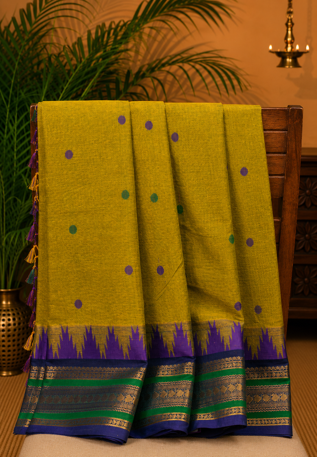Chettinad Cotton Saree–Lime Green with Temple Zari Border