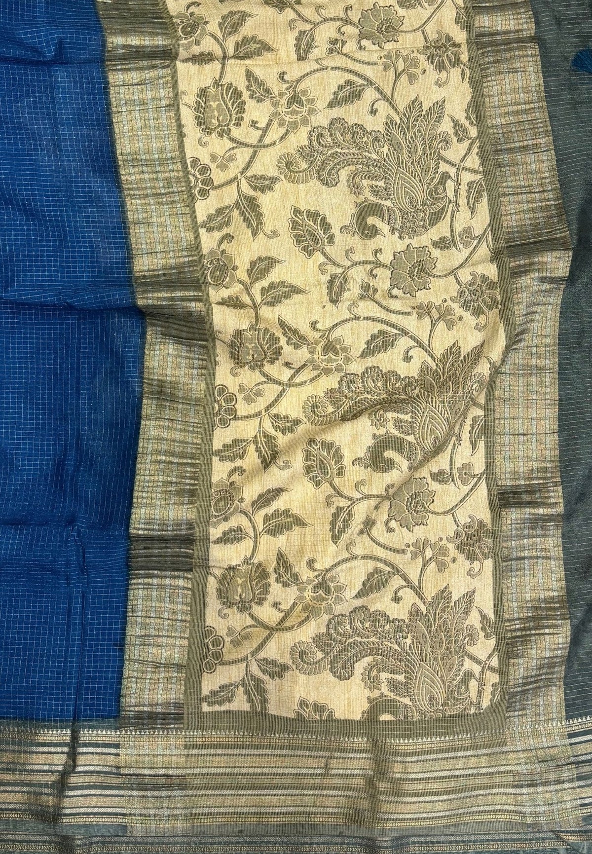 Muslin Tussar Saree-Blue In Floral Vine Border