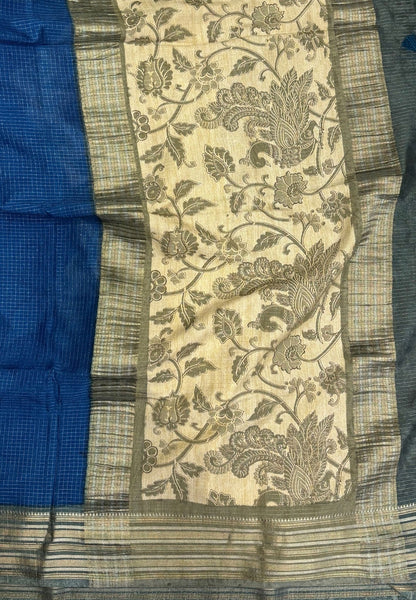 Muslin Tussar Saree-Blue In Floral Vine Border
