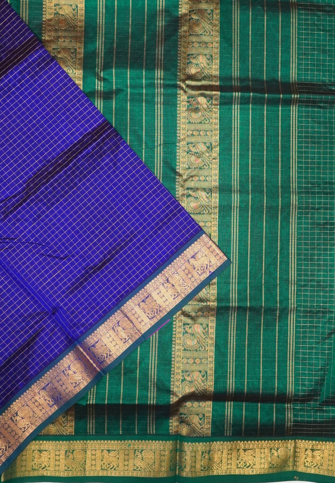 Pure Silk Cotton Saree-Blue in Mini Checks with Contrast Border