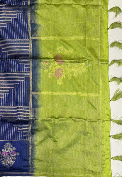 Mulberry Silk Saree-Blue In Diamond Geometric Zari With Contarst Border
