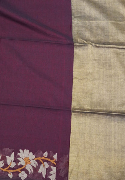 Handloom Cotton Saree-Maroon Lotus Jamdhani Border