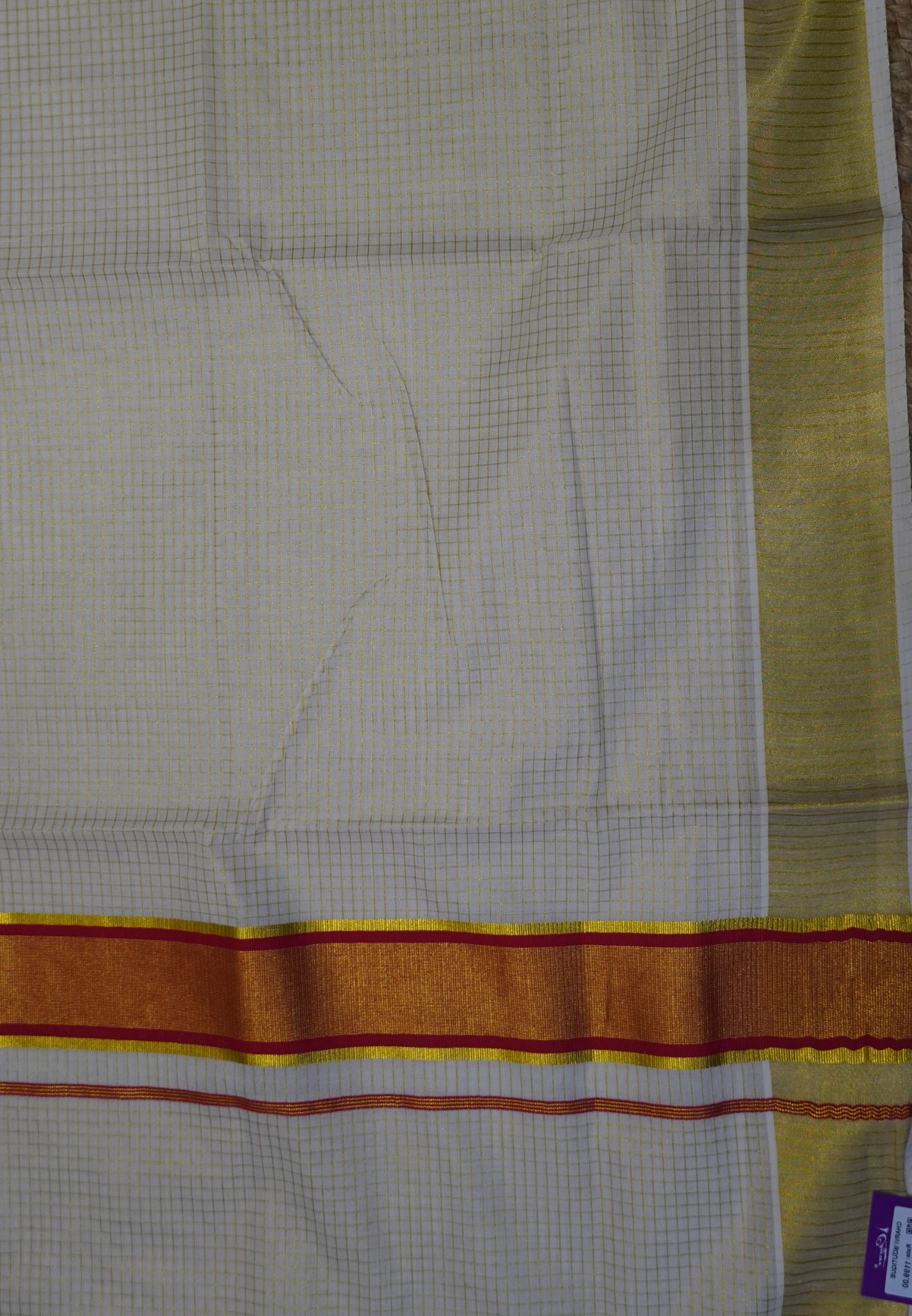Cotton Saree – Off White with Micro Checks and Red Kasavu Border