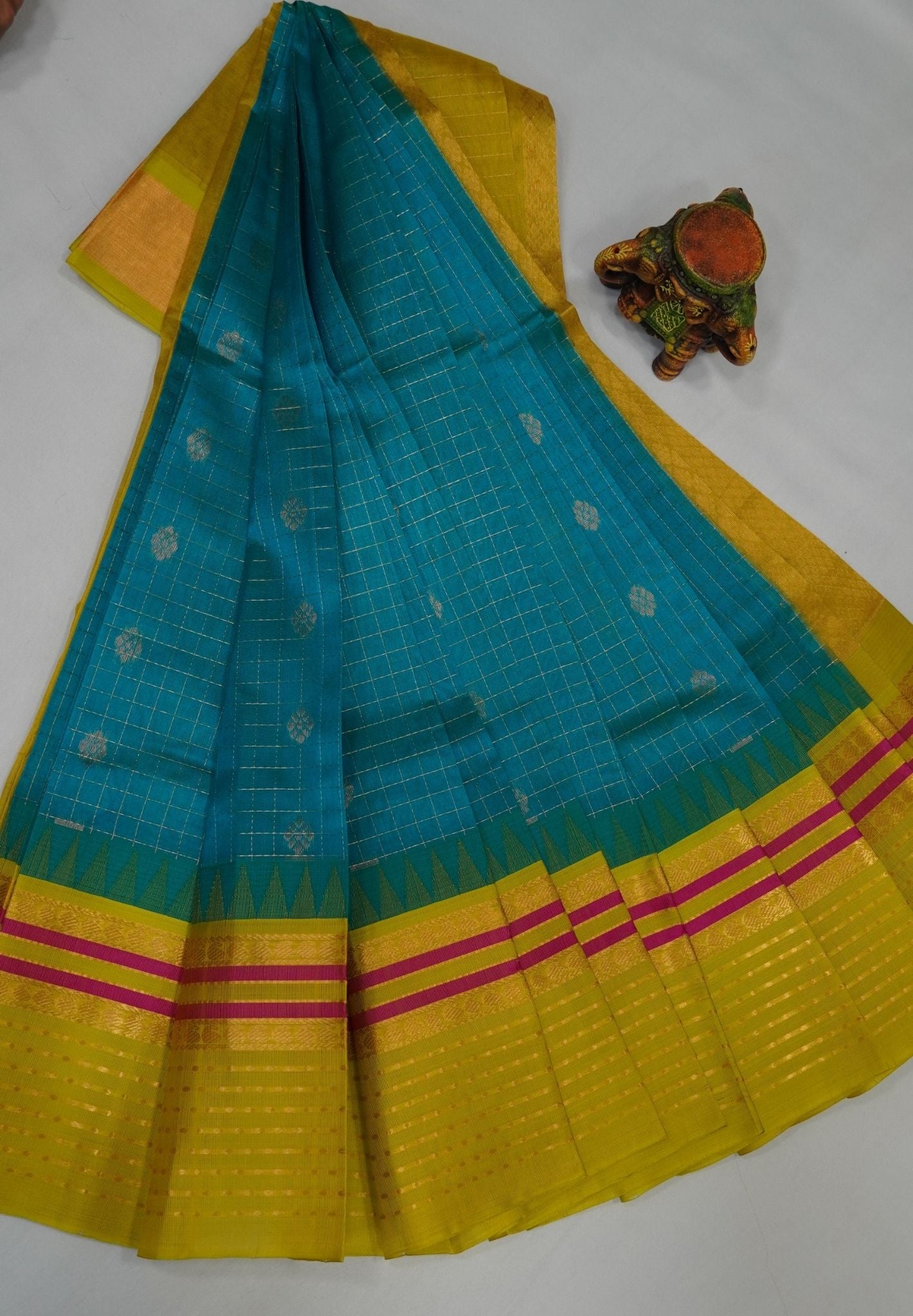 Pure Silk Cotton Saree-Ramar Blue in Zari Checks with Contrast Border