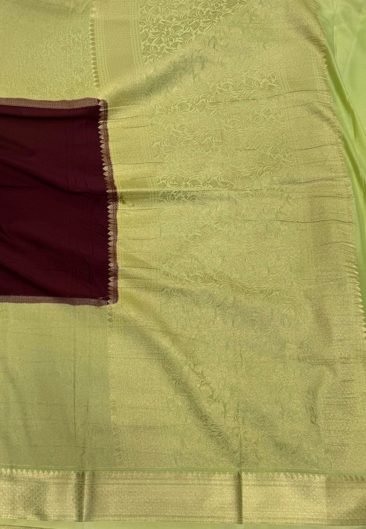 Art Mysore Silk Saree-Maroon-Pista Green In Floral Zari With Contrast Border