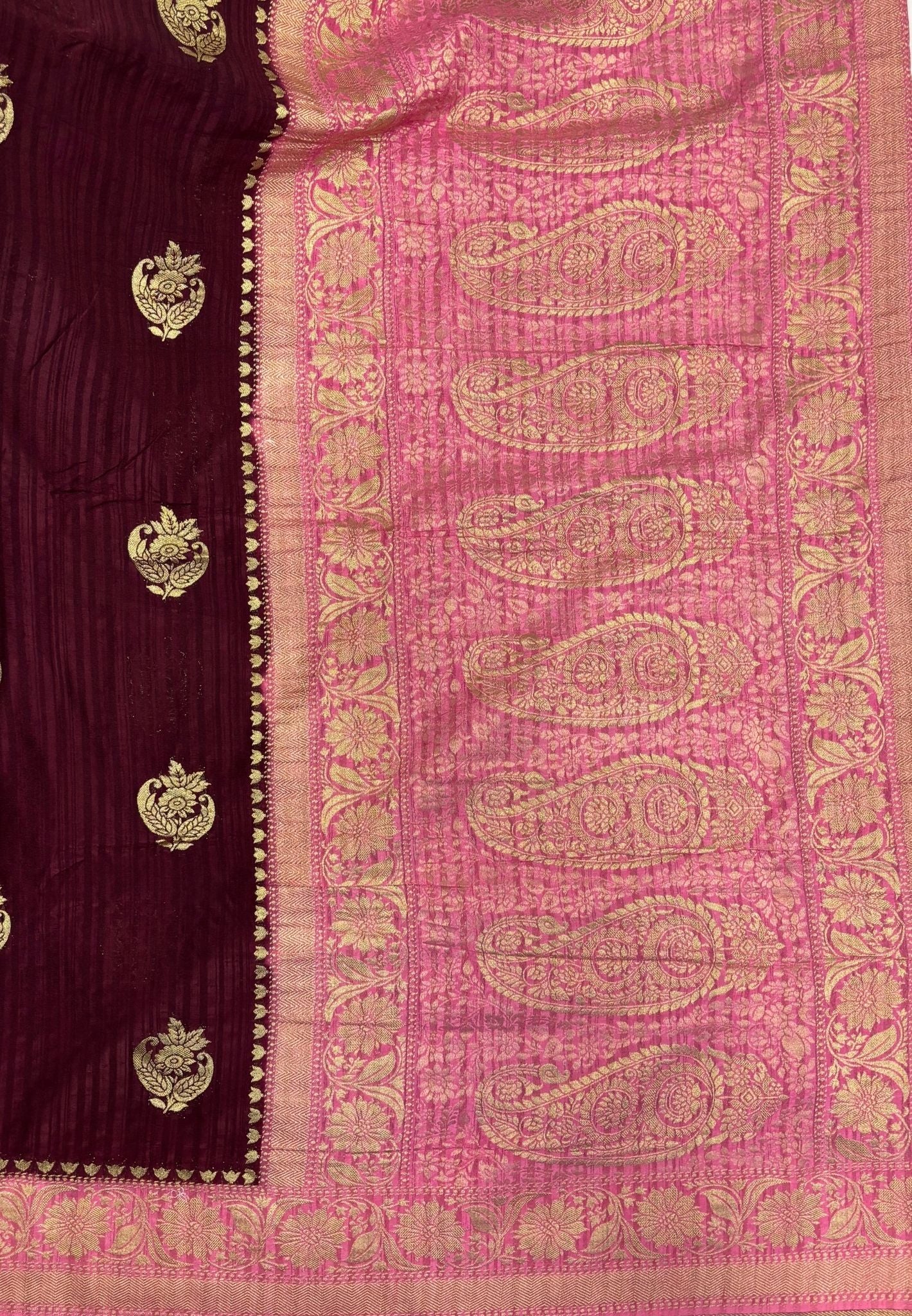 Banarasi Georgette Saree-Brown-Pink In Floral Paisley Zari Border