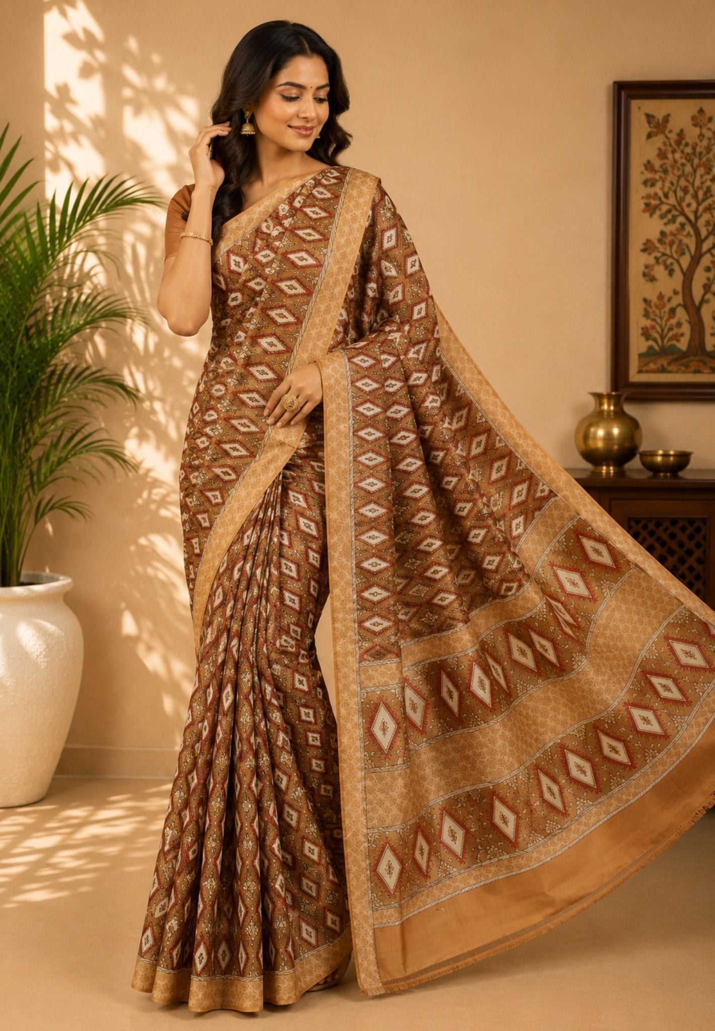 Pure Tussar Saree-Khaki in Diamond Pattern