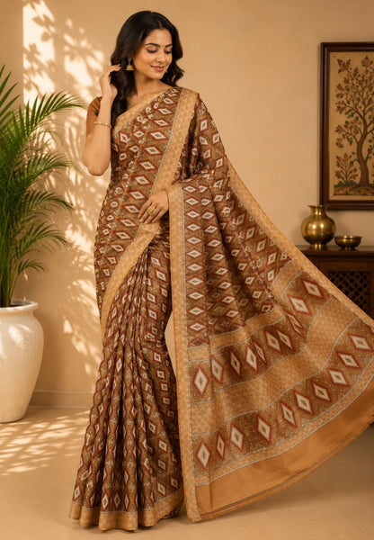 Pure Tussar Saree-Khaki in Diamond Pattern