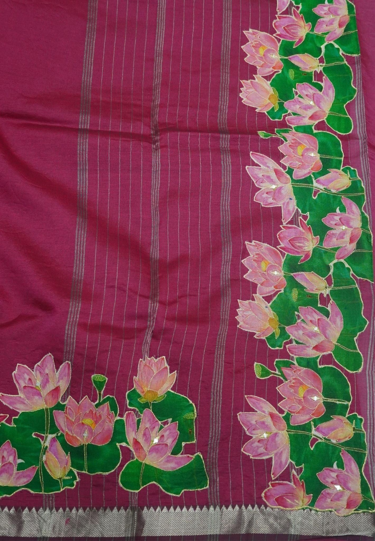 Pure Mangalgiri Silk Saree-Magenta with Aplique Work