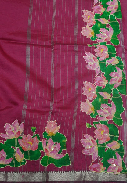 Pure Mangalgiri Silk Saree-Magenta with Aplique Work