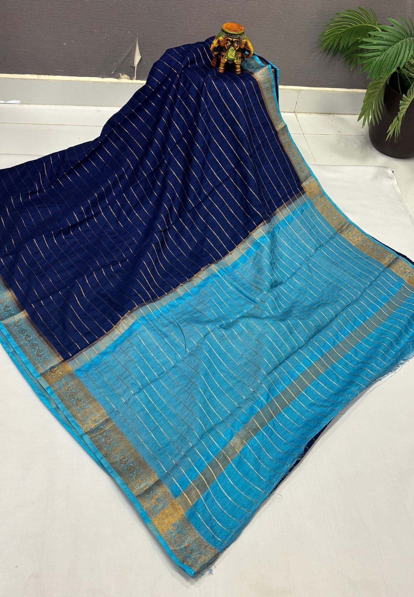 Semi Raw Silk Saree-Navy Blue in Zari Lines with Contrast Annam Border
