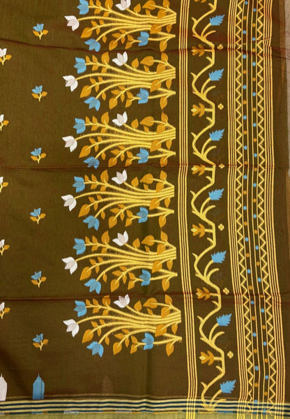 Handloom Cotton Saree-Manthulir Green In Lotus Floral Border