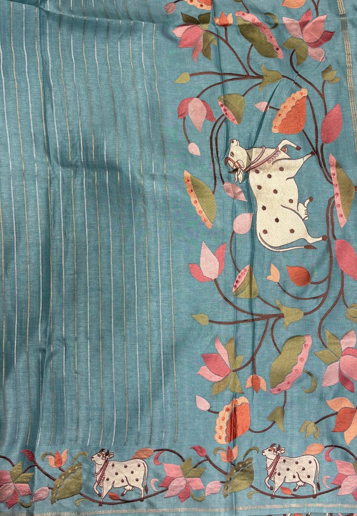Tussar Saree-Sea Blue with Zari Stripes in Pichwai Embroidery Border