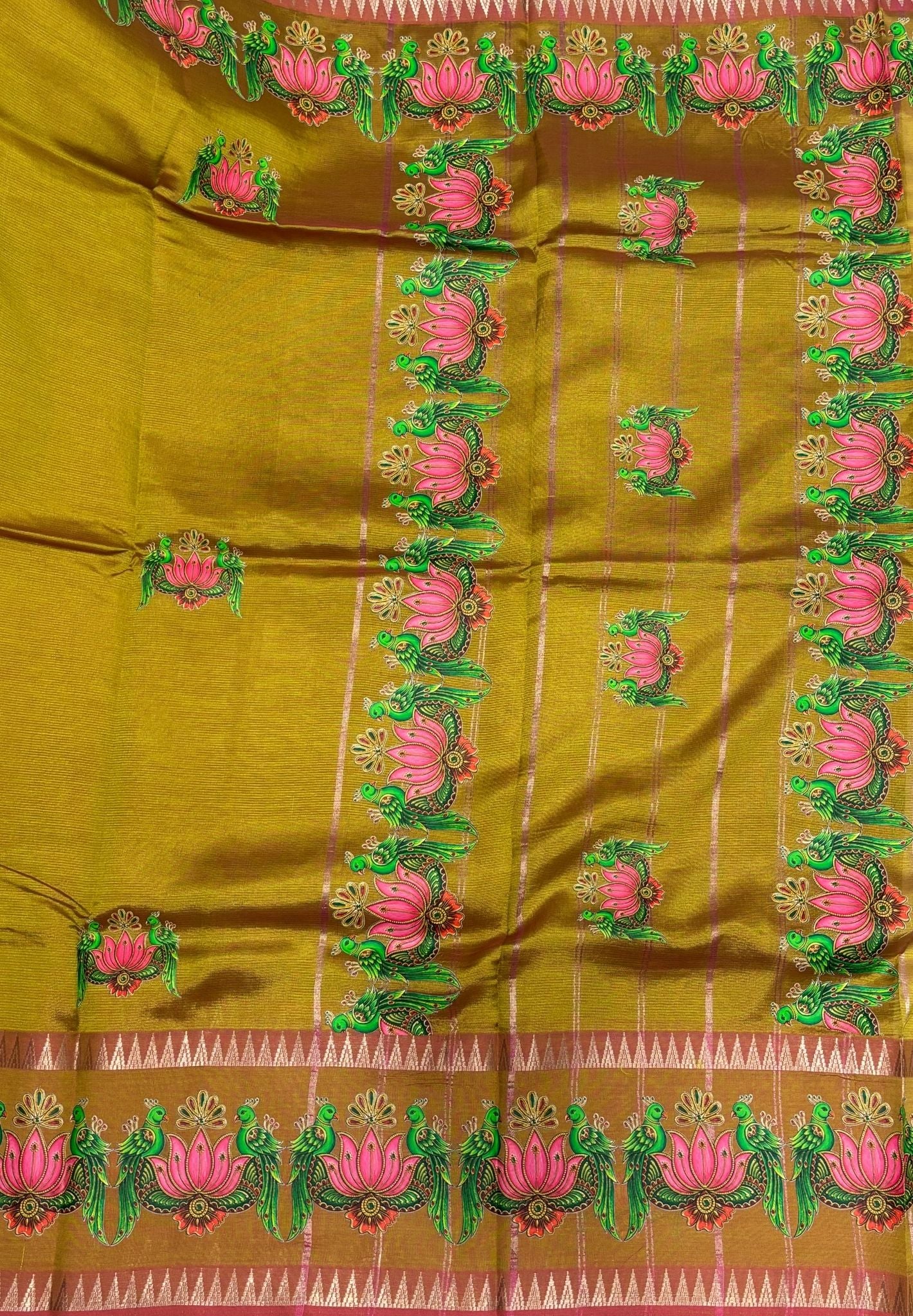 Pure Mangalgiri Silk Saree-Manthulir Green with Tanjore Print