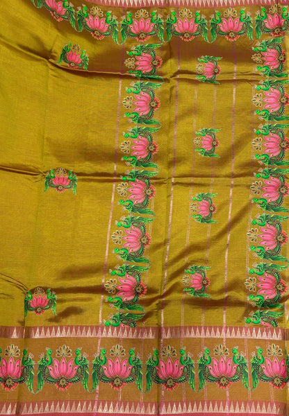 Pure Mangalgiri Silk Saree-Manthulir Green with Tanjore Print