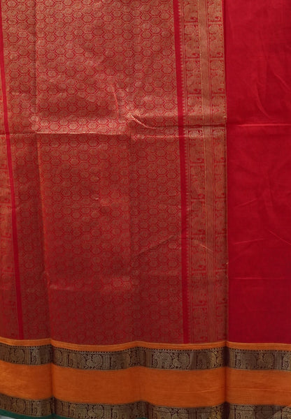 Chettinad Cotton Saree-Red in Mayil Chakram Zari Checks with Retapett Border