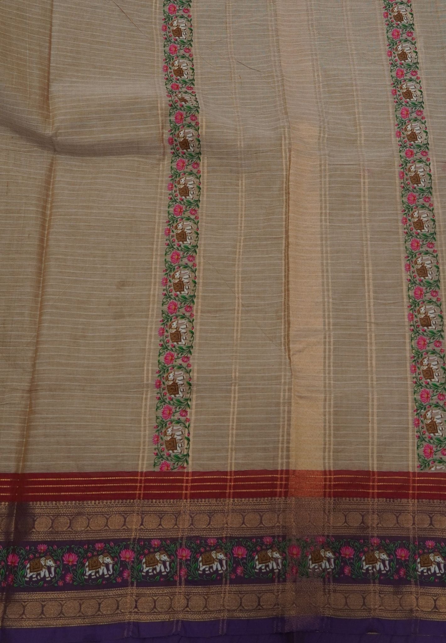 Chettinad Cotton Saree- Beige with Elephant Tanjore Print