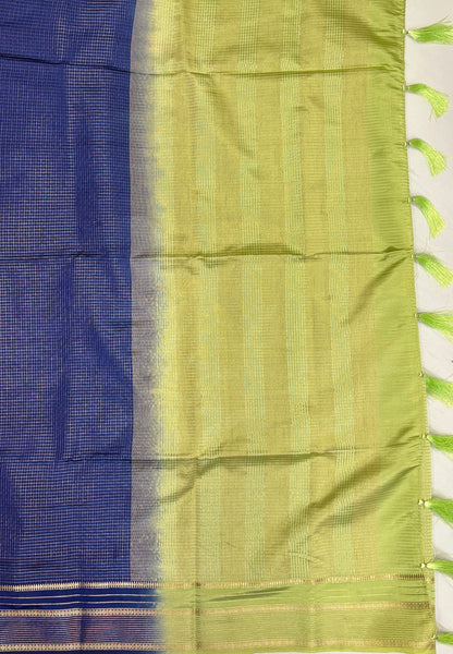 Mulberry Silk Saree-Navy Blue In Striped Zari With Contrast Border