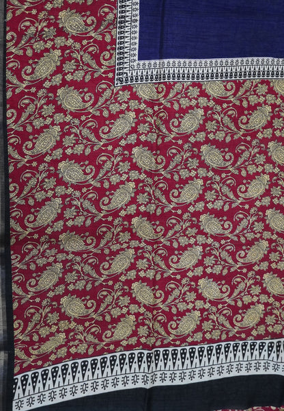 Jute Tussar Saree - Violet & Maroon with Floral Print