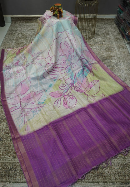 Korean Tussar Saree-Pastel Floral Artistic Weave-Purple