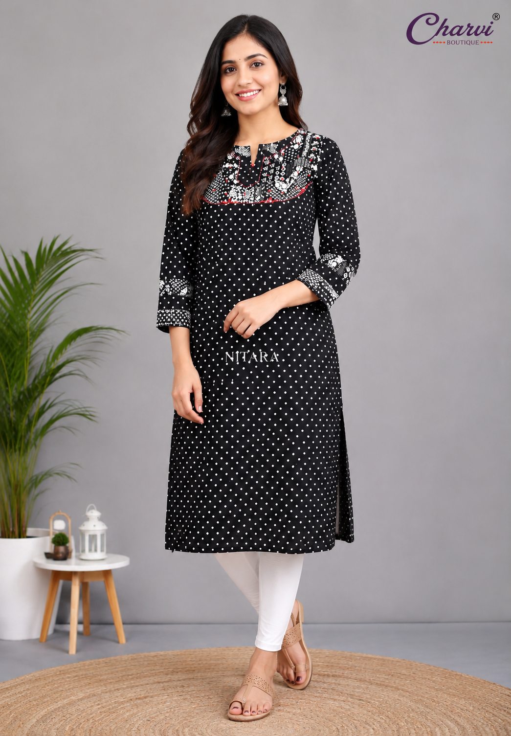 Kurti-Classic Black Polka Dot Printed Cotton Kurti