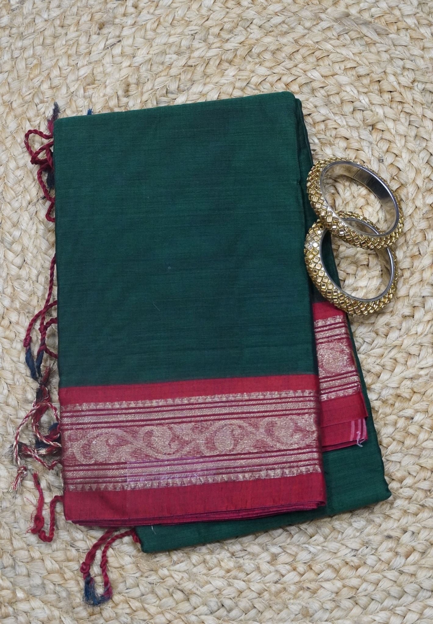 Dakka Cotton Saree - Dark Green