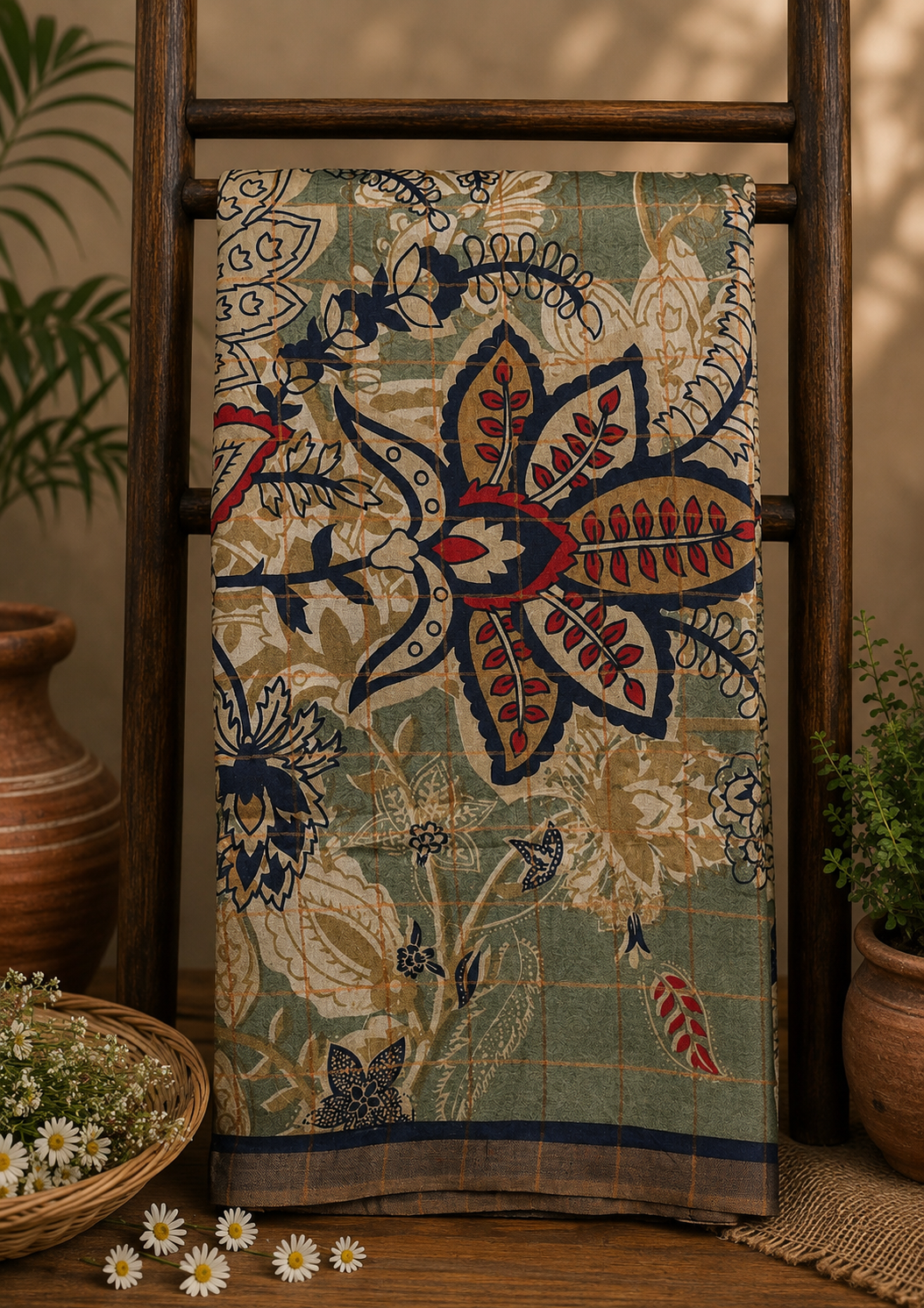 Pure Tussar Saree-Metallic Green in checkered pattern with Floral Print