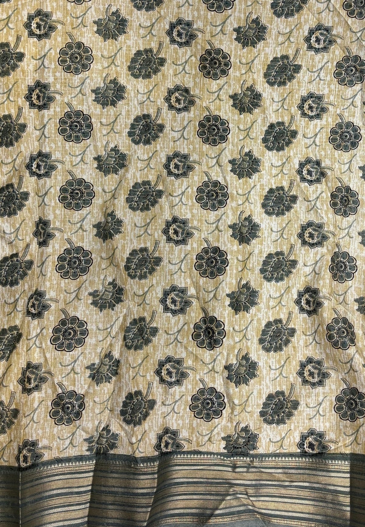 Muslin Tussar Saree-Blue In Floral Vine Border