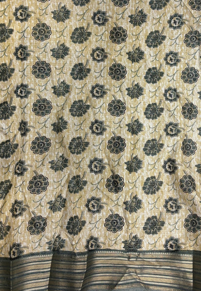 Muslin Tussar Saree-Blue In Floral Vine Border
