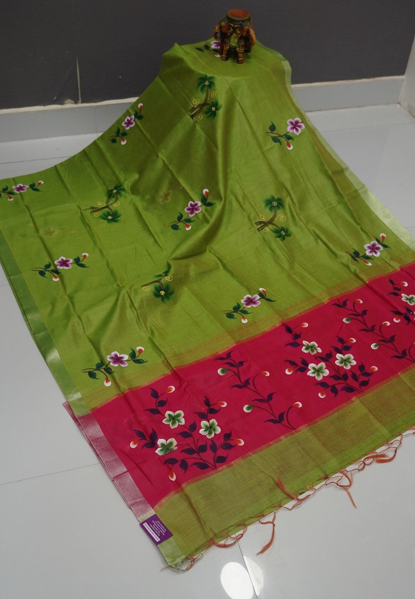 Cora Linen Saree-Light Green with Hand Painted Floral Motifs